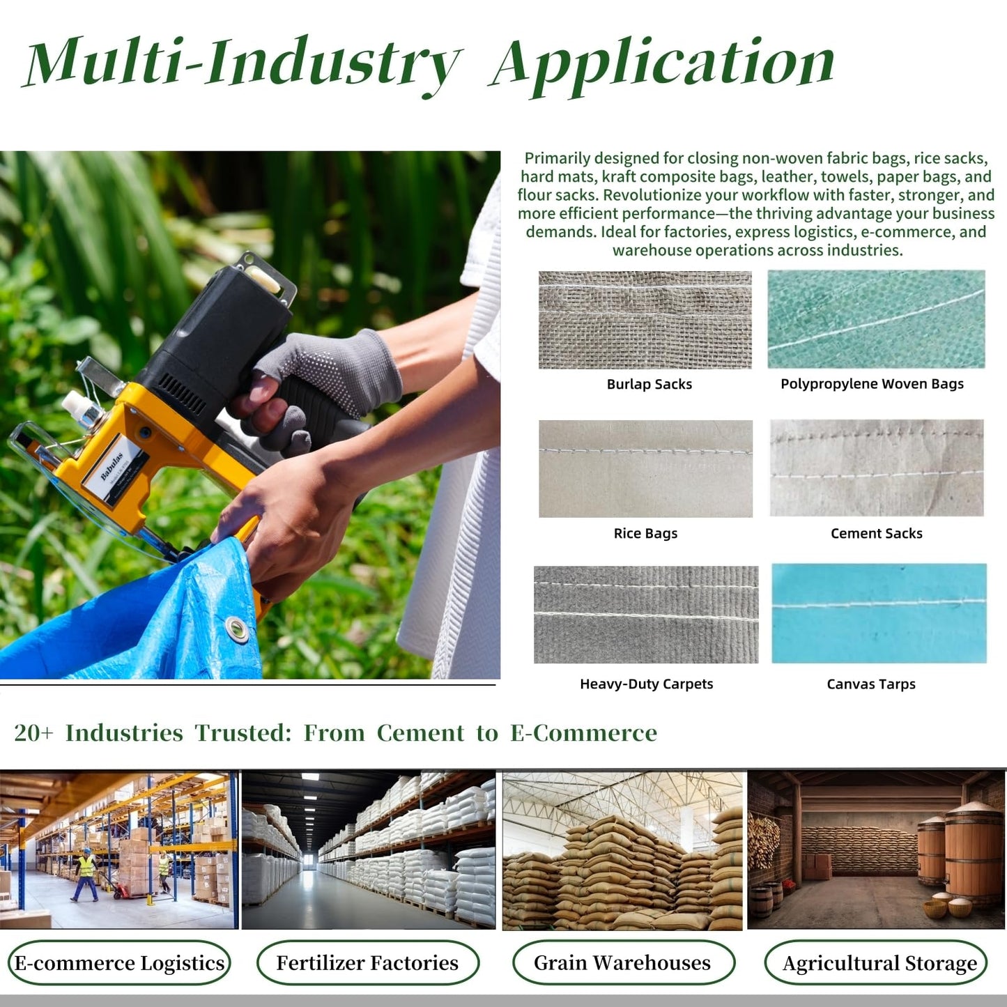 Cordless Bag Sewing Machine |PortableIndustrial Bag Closer |2-Second Fast Sealingfor Woven PP/Canvas/Jute Bags |Factory &Farm Bag Stitcher (Yellow, Lithium Battery-36VDC)