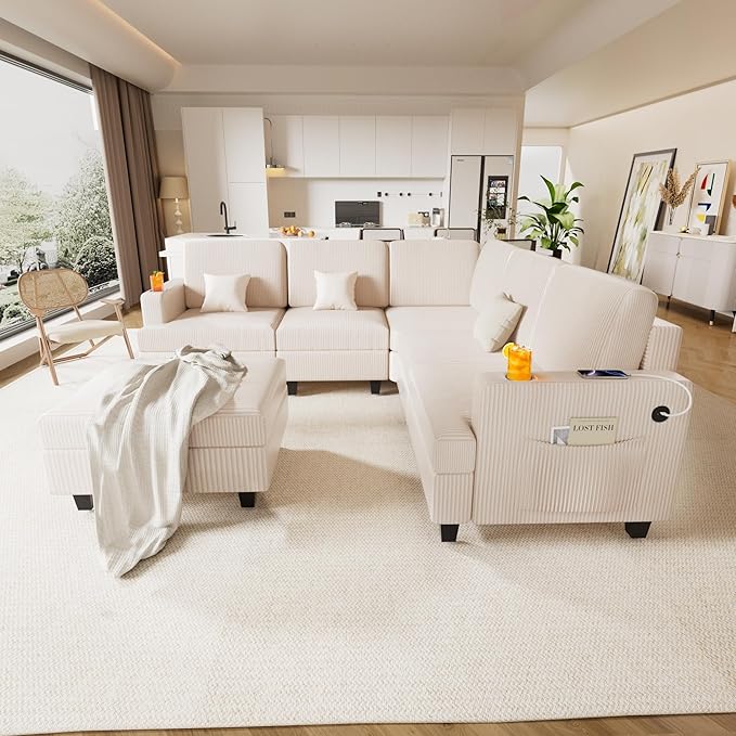 90 Inch Sectional Sleeper Sofa with Deep Seat, White Cloud Modular Couch with Storage Ottoman & USB Ports, Convertible U-Shape L-Shape Sectional for Living Room (White, 5 Seat + 1 Ottoman)