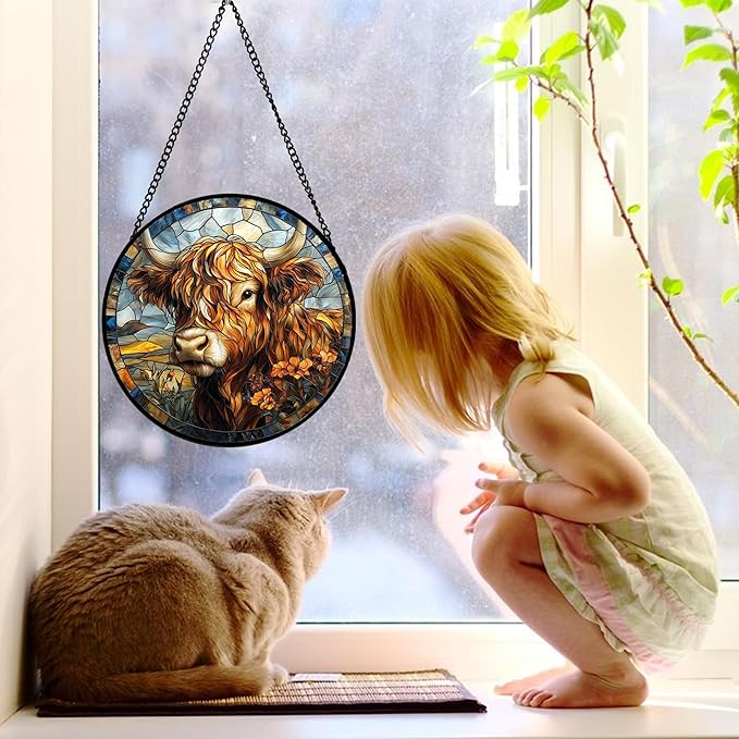Stained Glass Window Hanging - Funny Cow Flower Suncatcher Ready to Hang Window Doors Home Decoration and Christmas, Mother's Day Birthday Gifts for Women, Men, and Mom 7.8x7.8 in