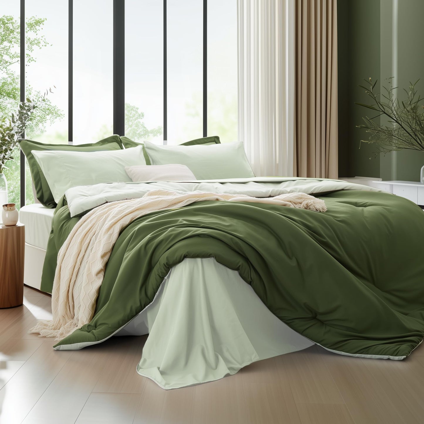 Kozyhvn Queen Comforter Set 7 Pieces, Dark Green, Reversible Sage Green, Queen Bedding Sets, Soft Bed in a Bag Queen with Comforter, Sheets, Pillowcases & Shams, All Seasons Boho Bed Set
