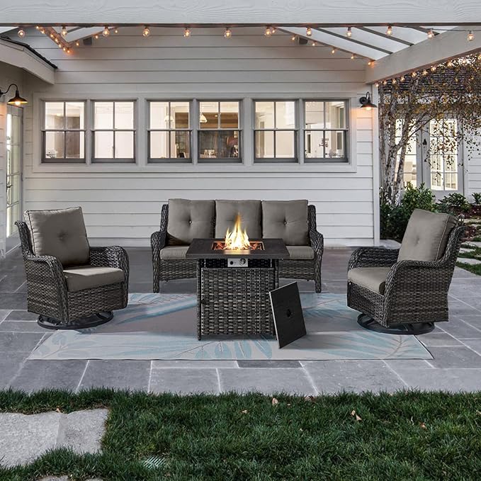 Belord Outdoor Patio Furniture Set with 50000BTU Propane Fire Pit Table, 4 Pieces Wicker Patio Conversation Set with 2 Swivel Rocker Glider Chairs Rattan Sofa Grey Cushion Perfect for Gathering