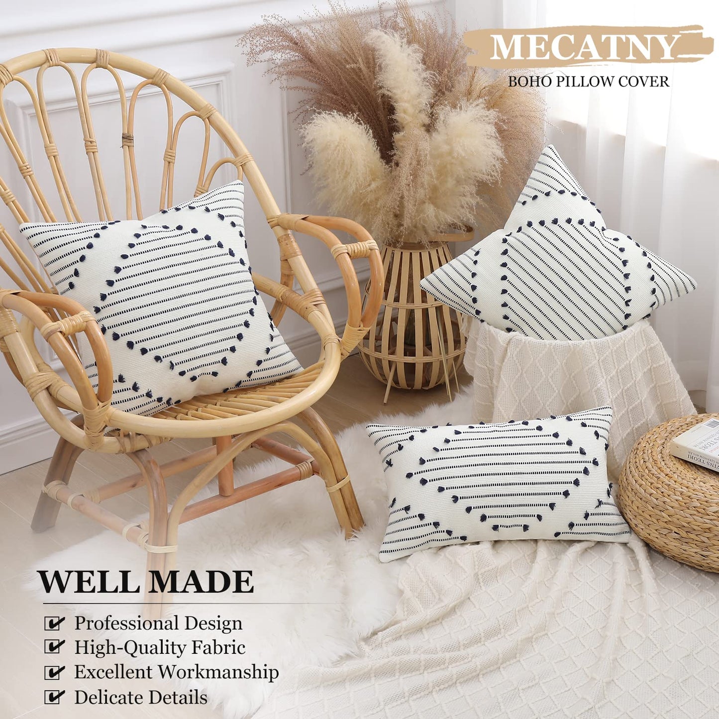 Mecatny Boho Outdoor Throw Pillow Covers 12X20 Set of 2, Farmhouse Lumbar Summer Pillow Covers for Couch Sofa Living Room, Navy & Cream White