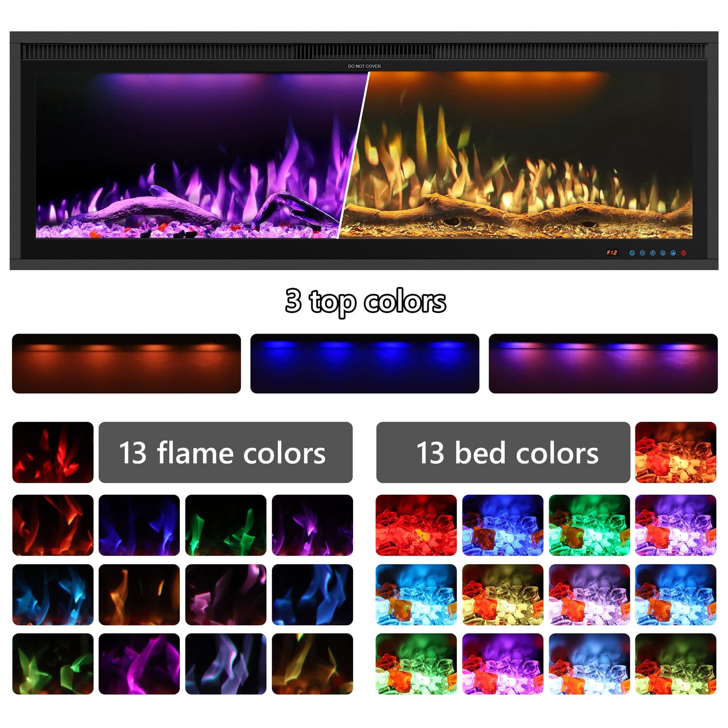 60" WiFi Electric Fireplace Insert, Ultra-Narrow Bezel Fireplace Heater with APP Control, 3 Top Light Colors, 13 Flame & Fuel Bed Colors, 9H Timer, Recessed/Wall Mounted, 750/1500W, Black