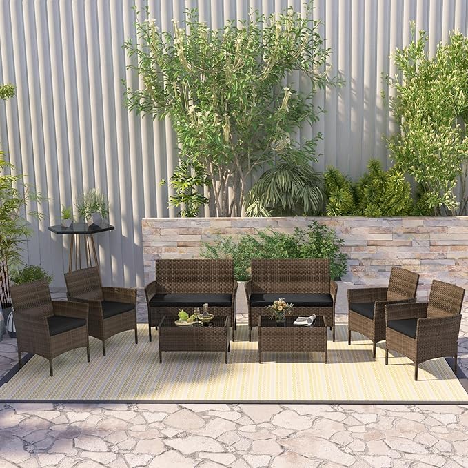 RELAX4LIFE 8-Piece Patio Furniture Set - Rattan Outdoor Conversation Bistro Set w/Cushions, Glass Coffee Table, Wicker Chairs & Loveseat for Garden Backyard Porch, Balcony Furniture Set (2, Black)