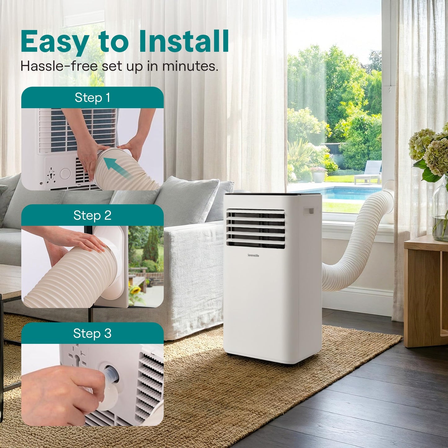 SereneLife Small Air Conditioner Portable 10,000 BTU with Built-in Dehumidifier - Portable AC unit for rooms up to 450 sq ft - WiFi app + Remote Control, Window Mount Exhaust Kit