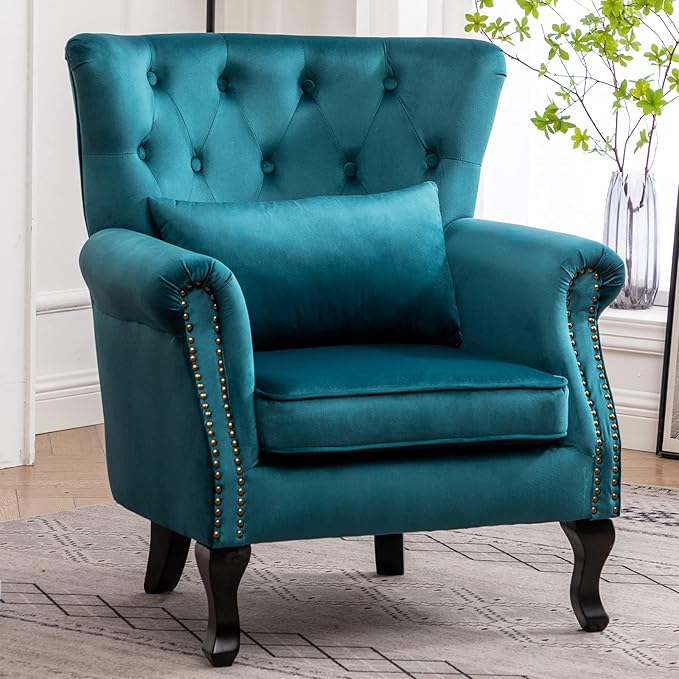 DM Furniture Mid Century Accent Chair Modern Button Tufted Armchair Wingback Club Chair Velvet Single Sofa Lounge Chair with Pillow for Living Room Bedroom, Teal Blue