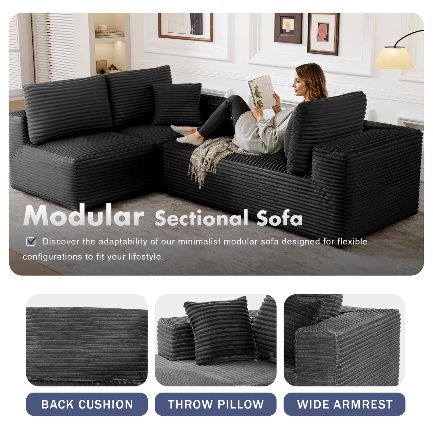 104" Modular Sectional Sofa with L-Shape Chaise, Modern Upholstered Cloud Couches for Living Room Bedroom, No Assembly Required, Dark Grey