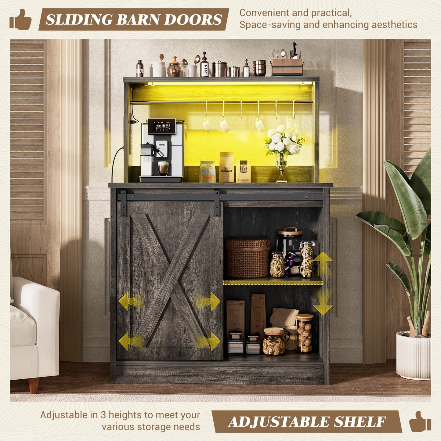 Homieasy Farmhouse Coffee Bar Cabinet with Charging Station & Led Lights, Charming Buffet Cabinet with Hutch, Customizable Storage with Barn Door Style, Perfect for Kitchen, Living Room, Black Oak