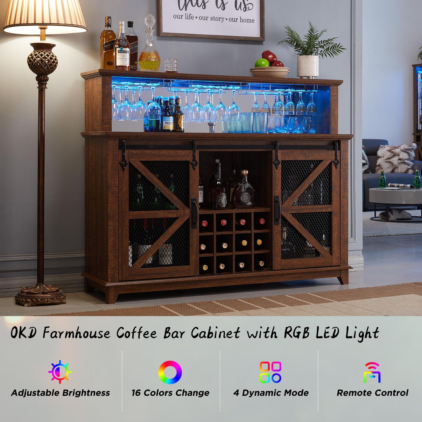 OKD Farmhouse Coffee Bar Cabinet with LED Lights, 55" Wine Bar w/Sliding Barn Door & Wine and Glass Rack, Kitchen Buffet Cabinet w/Storage Shelves for Dining Room,Reclaimed Barnwood