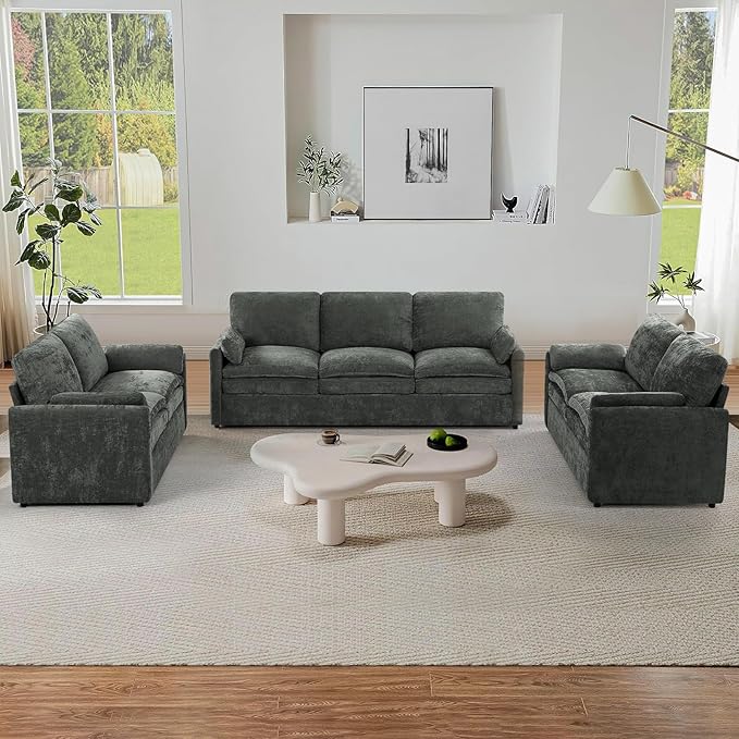 ACMEASE 3 Pieces Chenille Sofa Set w/Arm Pillows, Upholstered 2 Pieces Loveseat & 3 Seater Sofa w/Comfortable Back Cushions, Modern 2-Seat & 3-Seat w/High-Density Foam for Living Room, Grey