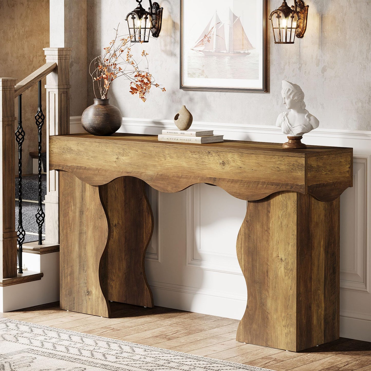 Tribesigns 55.1" Console Table, Farmhouse Entryway Table with Scalloped Edges, for Hallway Foyer Living Room Entrance, Behind Sofa, Brown