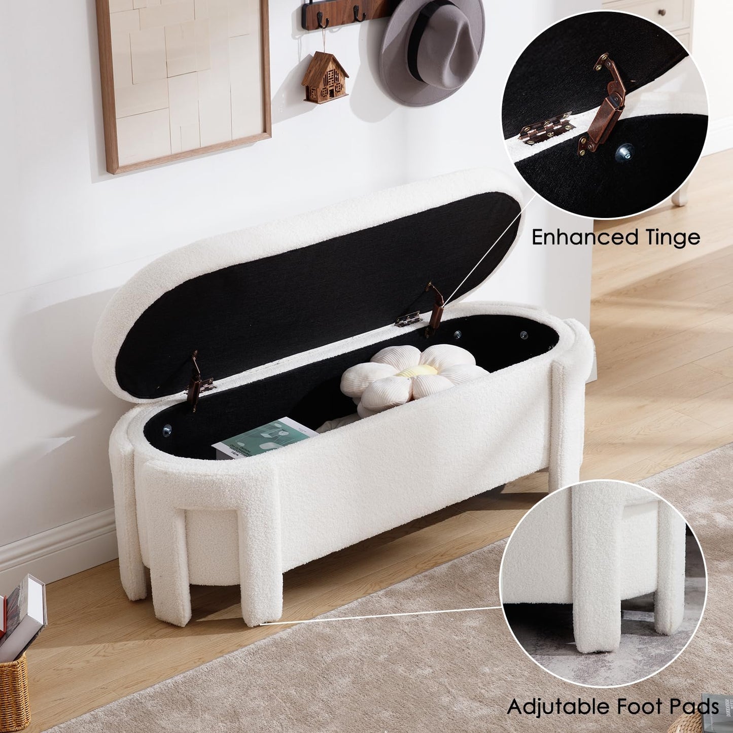 Janoray Modern Upholstered Storage Bench, Boucle Sherpa Fabric 50" Long Entryway Bench with Storage and Seating, Comfy Cute Ottoman Bench for Living Room/End of Bed/Hallway, White