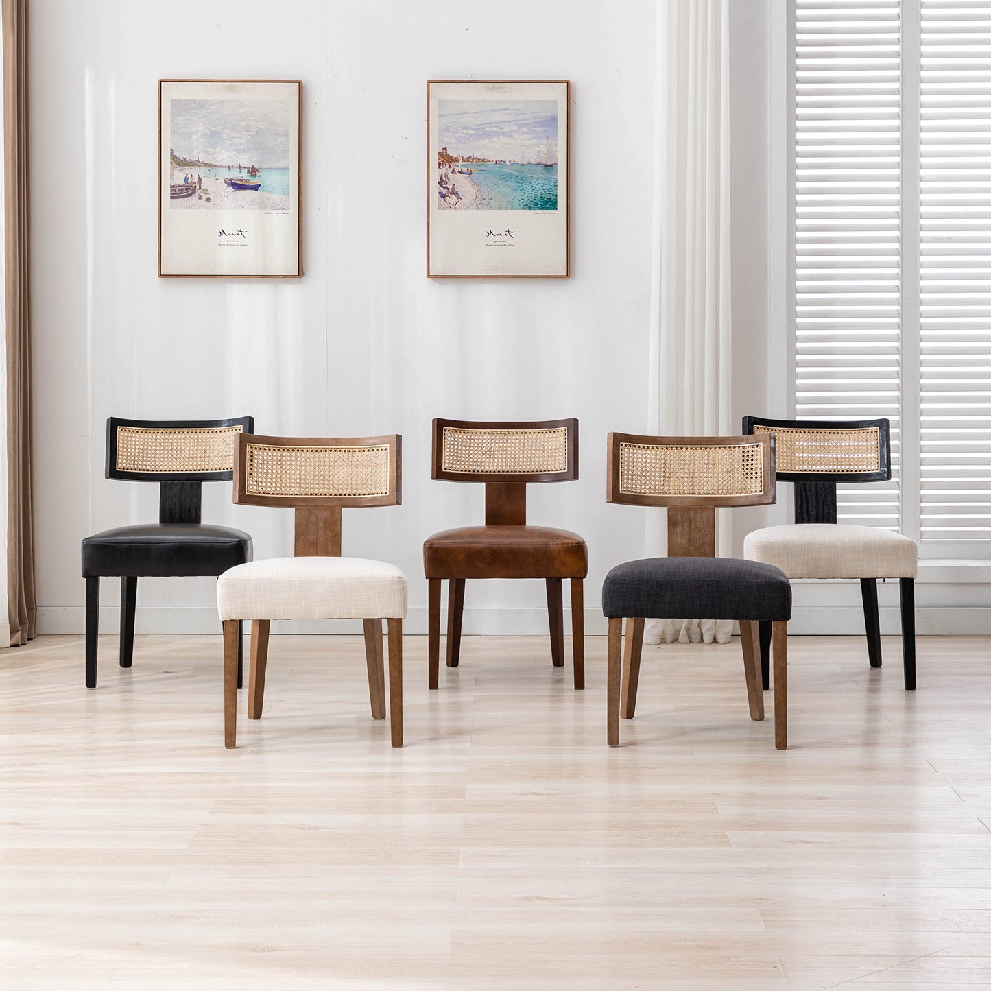 RIVOVA Rattan Dining Chairs Set of 4, Mid Century Modern Dining Chair Upholstered Linen Fabric Kitchen Side Chair, Modern Kitchen Armless Solid Wood Dining Chairs, Beige