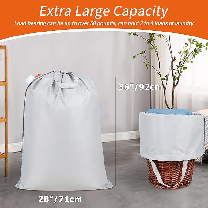 Polecasa Extra Heavy Duty Large Laundry Bag with Sturdy Handles and Drawstring Closure, 28 x 36 inches Durable Storage Bags for Basket, Hamper, College, Dorm, Travel, Silver