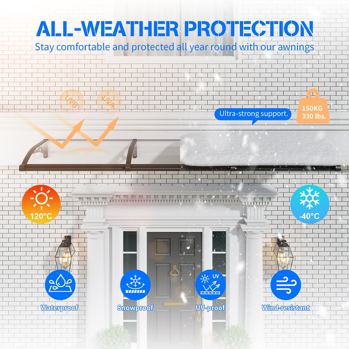 Awning for Door Entrance,40x80 Inch Awnings for Doors with Drainage Sink,Window Canopy Exterior with Aluminum Alloy Bracket,Solid Polycarbonate Cover,UV,Rain,Snow Protection for House,Porch,Patio,Deck