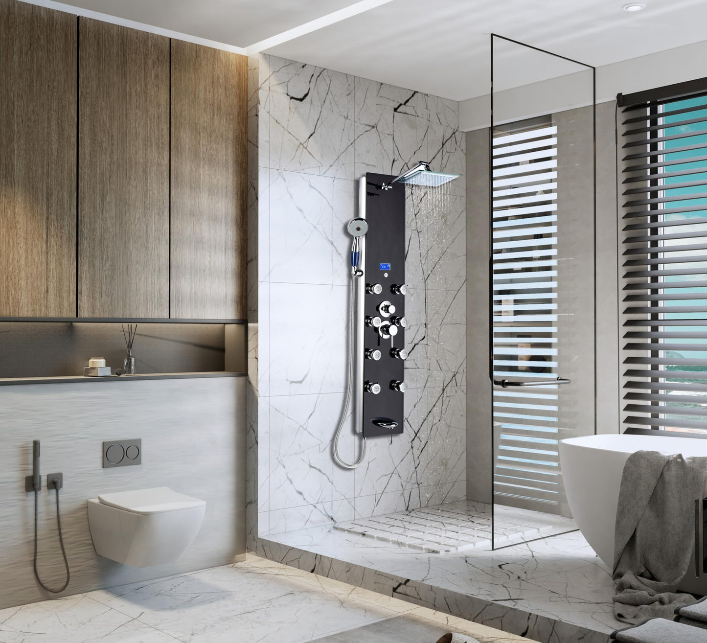 Blue Ocean 52" Aluminum SPA392B Shower Panel Tower System with Rainfall Shower Head and 8 Adjustable Massage Jets (Matte Black)