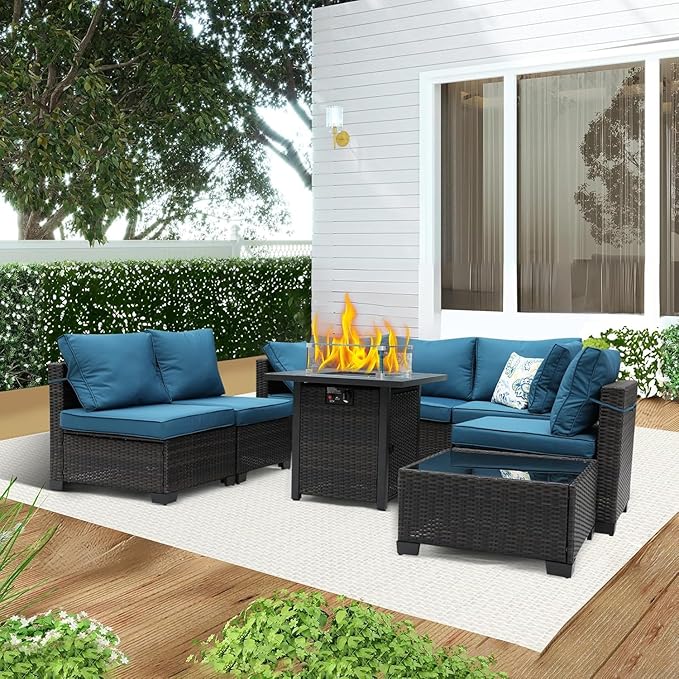 3D MATRIX 8 Pieces Patio Sets with 28" Gas Fire Pit Table Wicker Rattan Outdoor Furniture Set Conversation Set with Garden,Balcony,Pool, Deck (Brown & Peacock Blue, 8pcs Set)