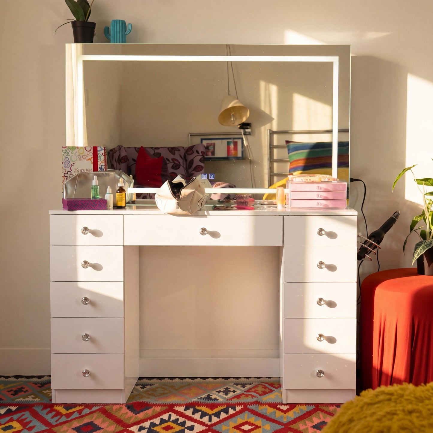 Boahaus Amelia Vanity Desk with LED Mirror – Complete Makeup Station with 11 Drawers, Integrated Power & Built-in Speakers