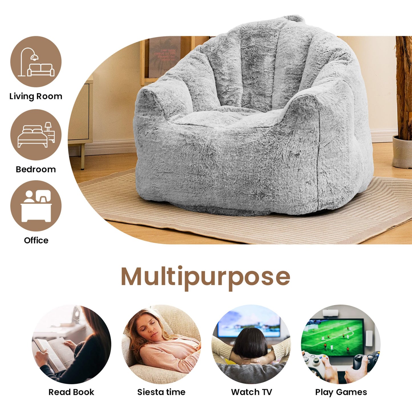 Recaceik Giant Bean Bag Chair Stuffed Bean Bag Couch with Filler Large Living Room Bean Bag Lazy Chair for Adults with Handle Design Armrests for Reading