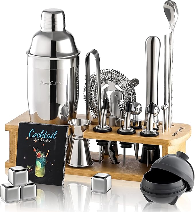 HomeCurated Cocktail Shaker Set, 24-Piece Bar Bartender Kit with Stand, Martini Shaker, Jigger, Strainer,Mixer Spoon,Muddl...