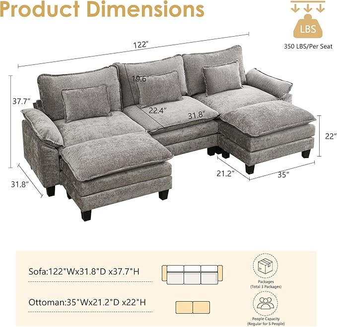 URRED Cloud Couch Modular Sectional Sofa, 122" Modern U Shaped Deep Seat Sofa with 2 Ottomans & Pillows, Ultra Comfy Chenille Couches for Living Room, Bedroom or Apartment, Light Gray
