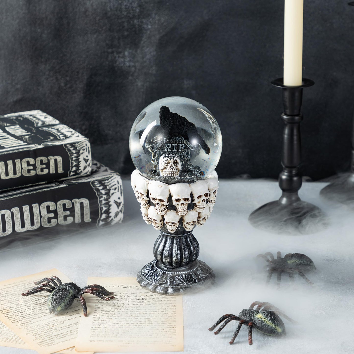 Glitzhome 100MM Halloween Stacked Skull Water Snow Globe, 7.25''H Poly Resin Stacked Skull Raven Waterglobe for Halloween Decor, Gothic Home Decoration, Spooky Gift, and Holiday Tabletop Decoration