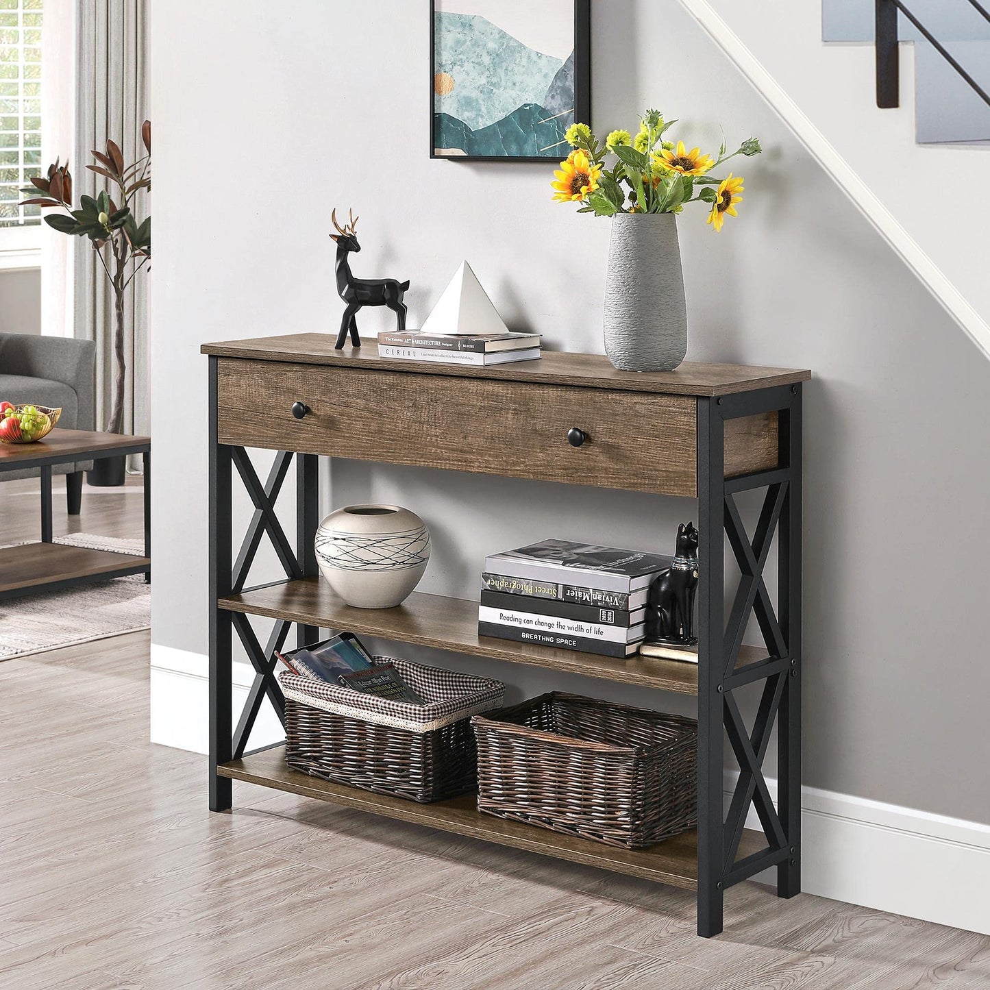 Yaheetech Console Table with Drawer and 2 Open Storage Shelves, Sofa Table for Living Room, 3-Tier Narrow Entryway Table, X-Shaped Design, Taupe Wood