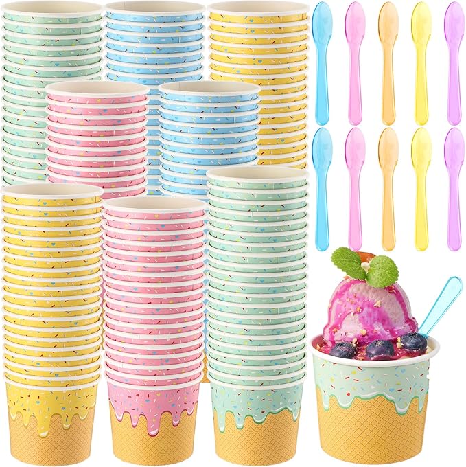 Ninehaoou 80 Pack 6 oz Ice Cream Cups with Spoons Paper Dessert Cups Colorful Sundae Bowls Disposable Ice Cream Containers...
