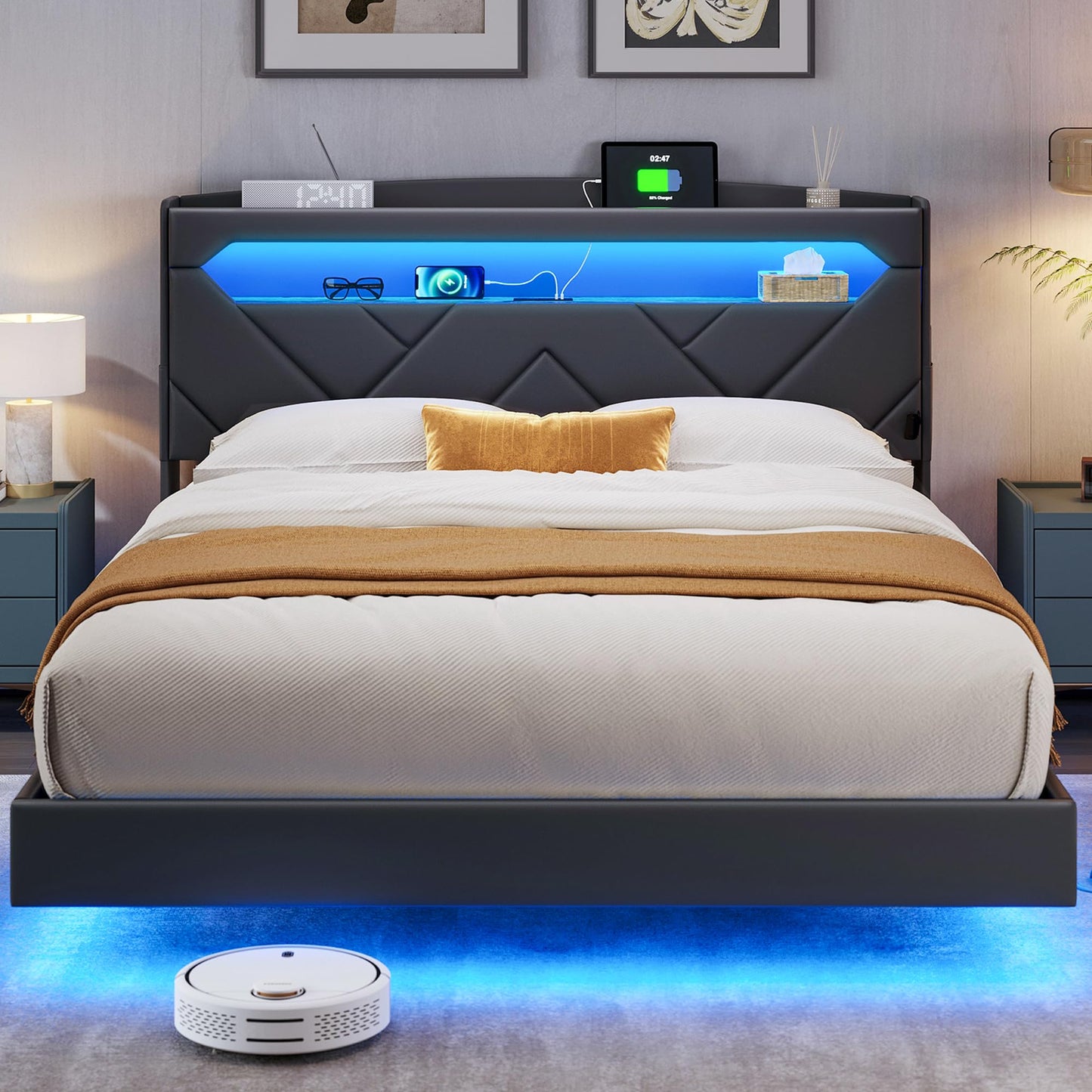 LINSY Floating Bed Frame Full Bedframe with Headboard, Black Full Size Bed Frames with Storage, Modern Upholstered Platform Bed with LED Lights & Charging Station, No Box Spring Needed, PU Leather