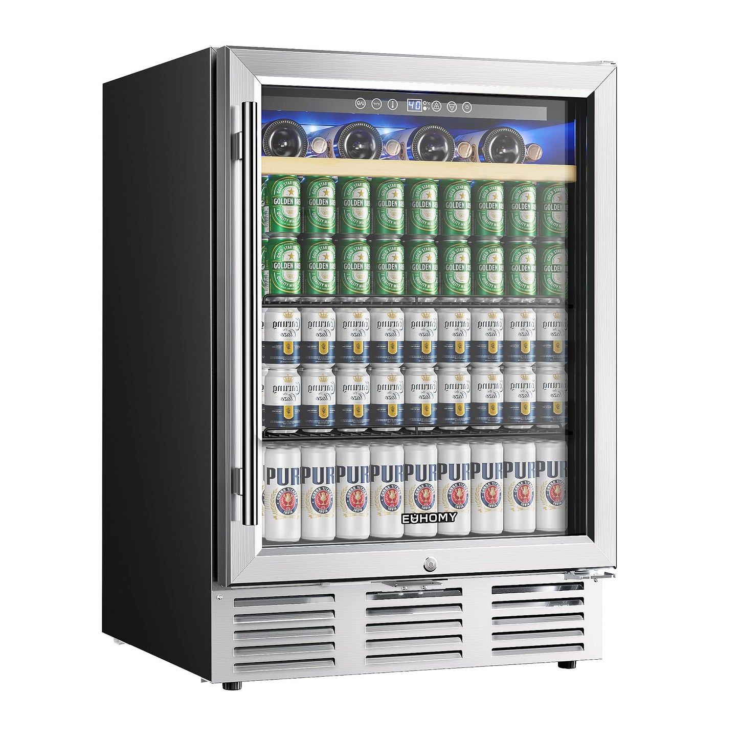 EUHOMY 24 Inch Wine and Beverage Refrigerator, 112 Cans & 8 Bottles Built-in or Freestanding Beverage Refrigerator Double-Layer Glass Door, Under Counter Wine Fridge for Kitchen, Bar, Office