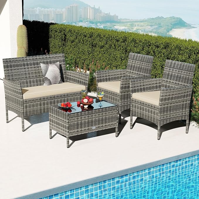 RELAX4LIFE 4-Piece Patio Furniture Set - Rattan Outdoor Conversation Bistro Set w/Cushions, Glass Coffee Table, Wicker Chairs & Loveseat for Garden Backyard Porch Balcony (1, Mix Grey-Beige)