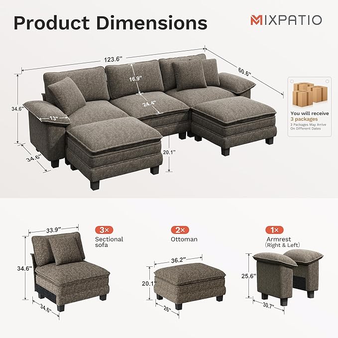 MIXPATIO 123-Inch U Shaped Sectional Sofa with Cloud Cushions, Deep Seat Modular Couch Set w/ 5 Seats & 2 Ottomans, Removable Arms, Plush Chenille Upholstery for Living Room, Apartment - Smoky Gray