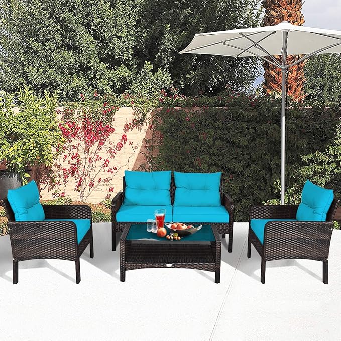 HAPPYGRILL 4-Piece Patio Furniture Set Outdoor Rattan Wicker Conversation Set with Coffee Table, Sectional Sofa Bistro Set with Cushions for Garden Poolside Backyard