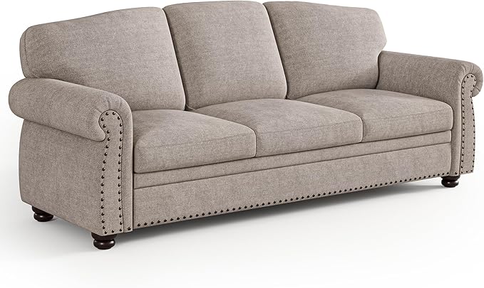 ONBRILL 90 Inch Nailhead Trim Couch for Living Room, 23 Inch Deep Seat Rolled Arm Sofa, Comfy Upholstered 3 Seater Chenille Couch w/Wooden Leg, Large Traditional Sofa for Farmhouse, Beige