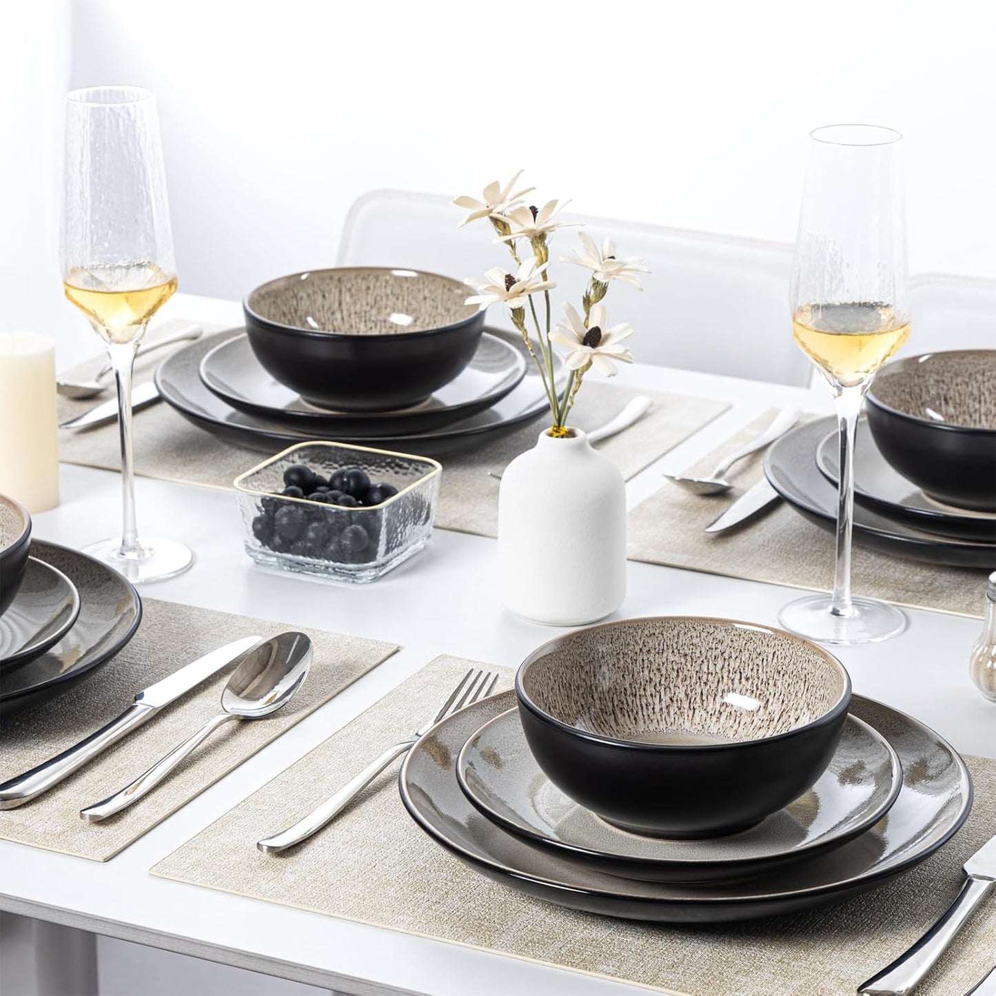 Plates and Bowls Sets for 4 - CJDC-QUELO 16-Piece Stoneware Dinnerware Sets, Ceramic Dishware Set for Kitchen Use and Formal Dining, Chip and Scratch Resistant Microwave Dishwasher Safe, Brown
