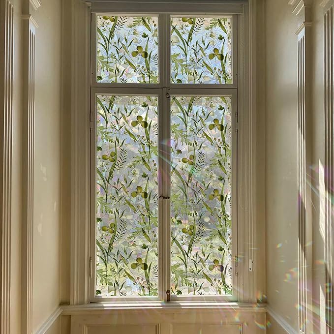 Rainbow Watercolor Green Leaves Window Film, Privacy Iridescent Static Cling Double-Sided Decals for Window Door Glass Decor, Herbs, 39.37" x 16.93"