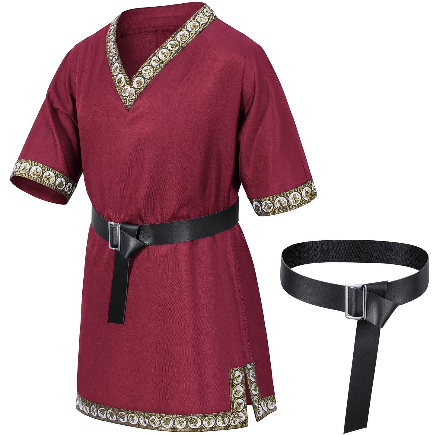 Kids Medieval Costume Boys Viking Tunic Knight Warrior Renaissance Shirts with Belt 8-10 Years Wine