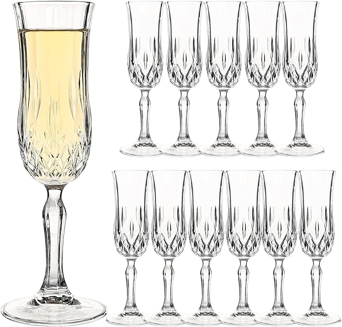 Champagne Flutes Set of 12-4 oz Vintage Crystal Clear Glasses with Cut Design, Elegant Stemware for Champagne, Prosecco, M...