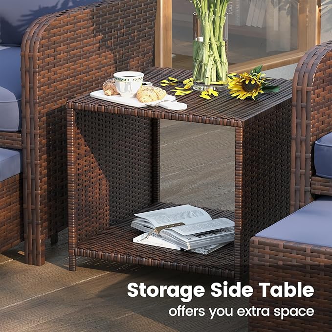 UDPATIO Balcony Furniture Patio Chairs with Hidden Ottoman 5 Piece Patio Furniture Set with Side Table for Front Porch, Blue Cushion