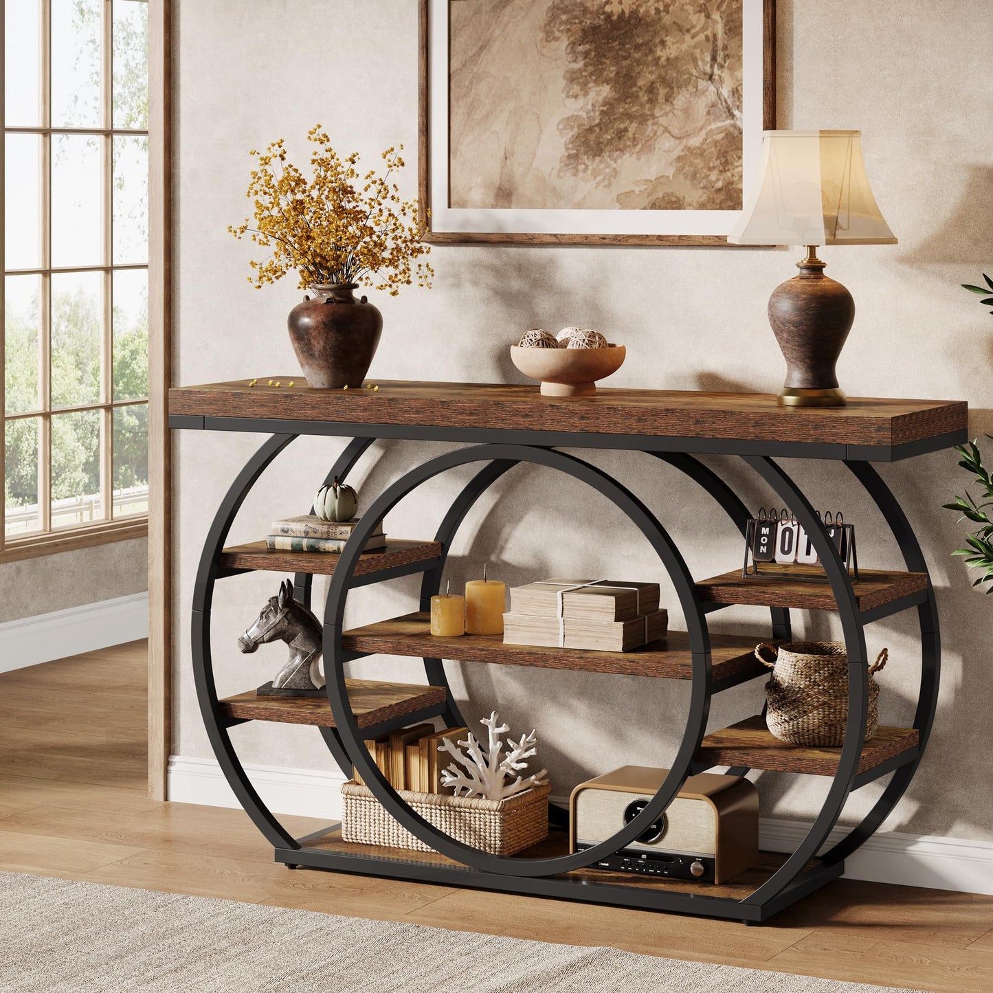 Tribesigns 47" Console Table for Living Room, 5-Tier Industrial Entryway Table with Metal Frame, Narrow Sofa Table Behind Couch Accent Tables for Entryway, Hallway, Foyer, Rustic Brown
