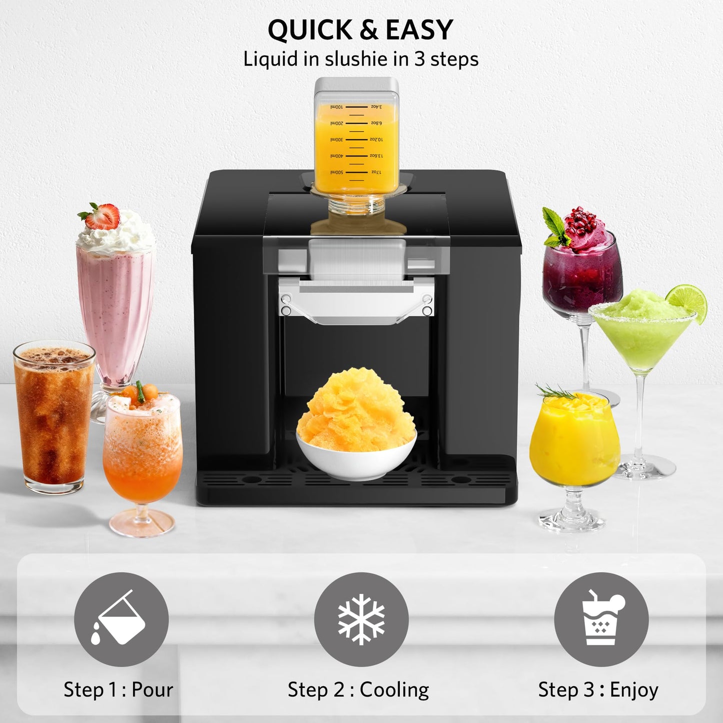 Bellatte Shaved Ice Machine with Compressor | 60s Fast Fluffy Slushie & Snow Cone Maker | No Pre-Freezing | Sugar-Free Friendly | Self-Cleaning | 16oz Frozen Drink Maker for Home, Party & RV