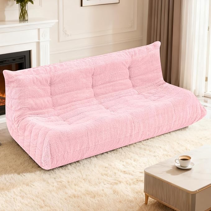 HABUTWAY Bean Bag Chairs Fireside Lazy Floor Sofa, Soft Teddy Fleece 3 Seater Sofa with High-Resilience Foam Filling，Beanbag for Living Room, Bedroom, Office (Pink Teddy)
