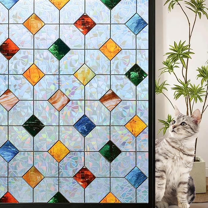 DKTIE Colorful Gem Lattice Pattern Decorative Window Privacy Film Rainbow Stained Glass Window Film Classroom Decor Renter Friendly Decor (S533, 35.4in X 118.1in)