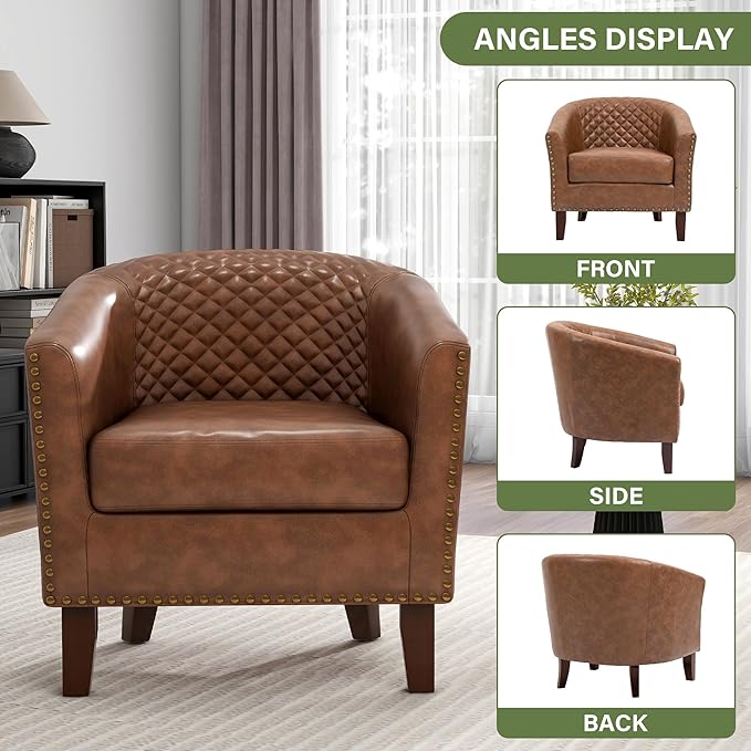 UIXE PU Leather Barrel Accent Chairs Set of 4, Modern Upholstered Armchair Round Club Chair for Living Room, Comfy Nailed Trim Arm Chair Bedroom Side Reading Seat - Brown