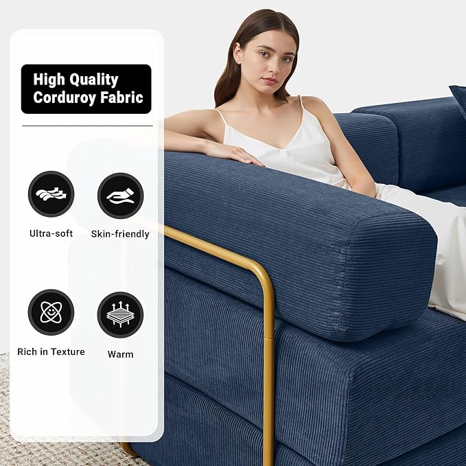108" Oversized Convertible Sleeper Sofa Bed, Corduroy L Shape Sectional Couch, Folding Sofa Bed with Fixed-Shape Frame, Modern Cloud Floor Mattress Couch, Modular Sofa for Living Room, Blue