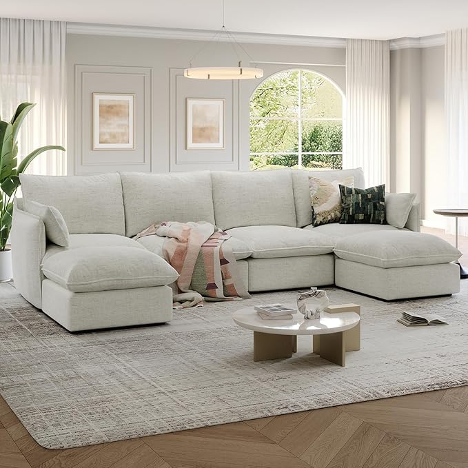 Lopzeho 124" Cloud Modular Sectional Sofa, Waterproof Down Filled Sectional Couch, High Backrest U Shaped 4 Seater Couch with 2 Ottomans, Modern Modular Sofas with Removable Cover, Cream White
