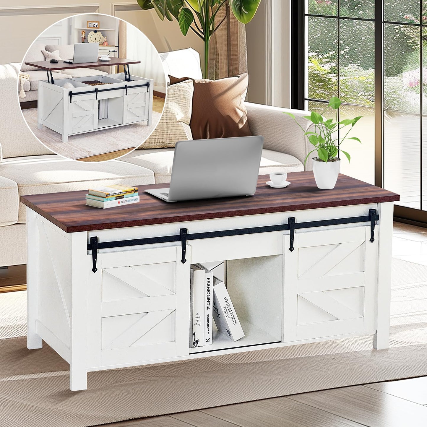 Redlife Lift Top Coffee Table with Storage, 47" Farmhouse Coffee Tables with Sliding Barn Door and Hidden Storage Space, 4 in 1 Multi-Function Square Coffee Table for Living Room, Office, White