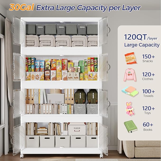 150GAL Plastic Storage Bins with Lid, 600QT Extra Large Stackable Closet Organizers and Storage, Collapsible Storage Boxes with Wheels, Folding Cabinet for Home Kitchen Office, 5Pack White