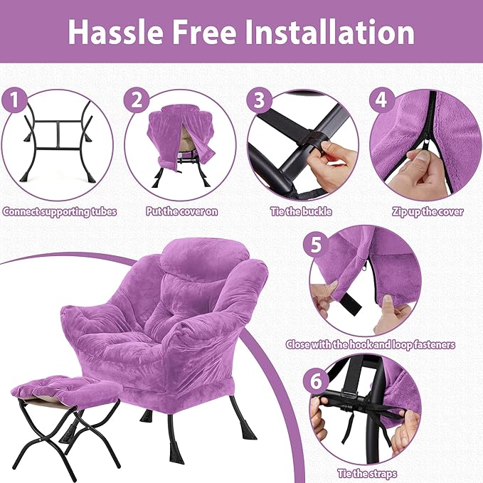 Youtanic Lazy Chair with Folding Ottoman, Accent Chair Plush Upholstered with Metal Structure and Non-Slip Pads, Sofa Armchair with Footrest and Side Storage Bag for Dorm, Room, Office, Purple