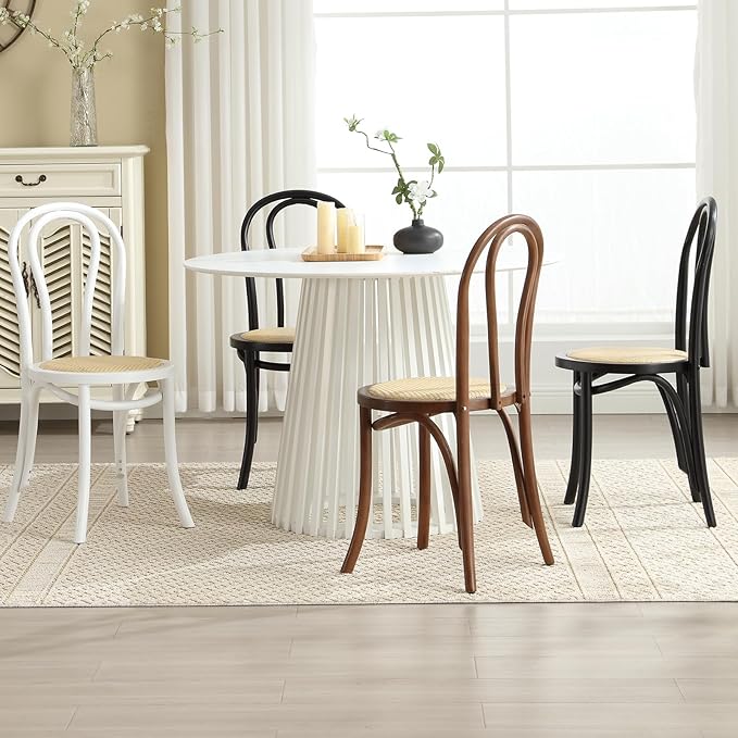 DM Furniture Solid Wood Dining Chairs Set of 4 Mid-Century Modern Rattan Kitchen Room Chairs with Backrest Bentwood Bistro Chairs for Dining/Living Room,Cafe, Black Wood